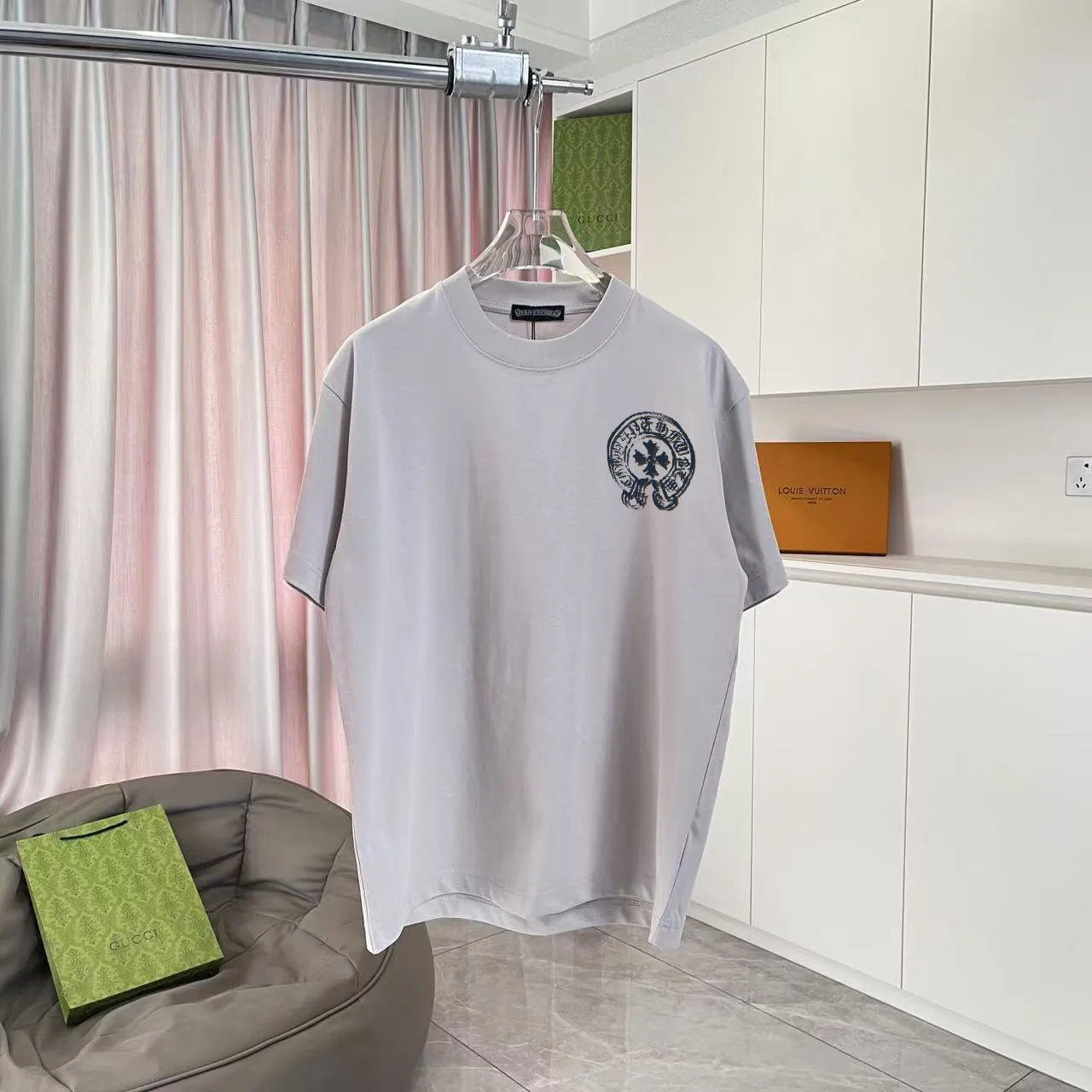 🅿️170 ch Cro* 2025 summer new style Sanskrit cross horseshoe print short-sleeved T-shirt customized fabric 300g same style for men and women Size: S M L XL XXL five sizes Color: black white rose red iron gray